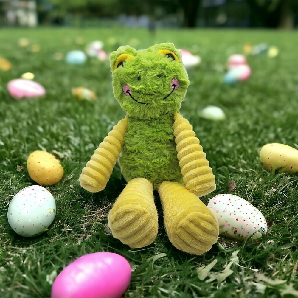 Walmart Plush Green Yellow 11” Frog Easter Stuffed Animal Lovey RIbbed Legs